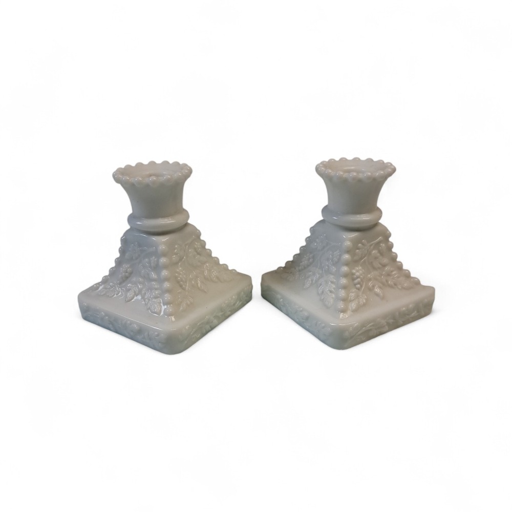 Milk Glass Candle Holders Grapevine Hobnail Square - Picture 3 of 6